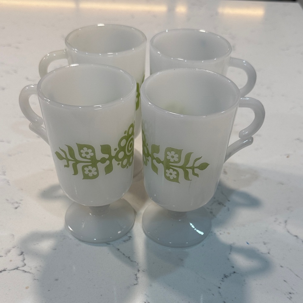 VTG Milk Glass Pedestal Mugs with Green Floral Motif - Set of 4